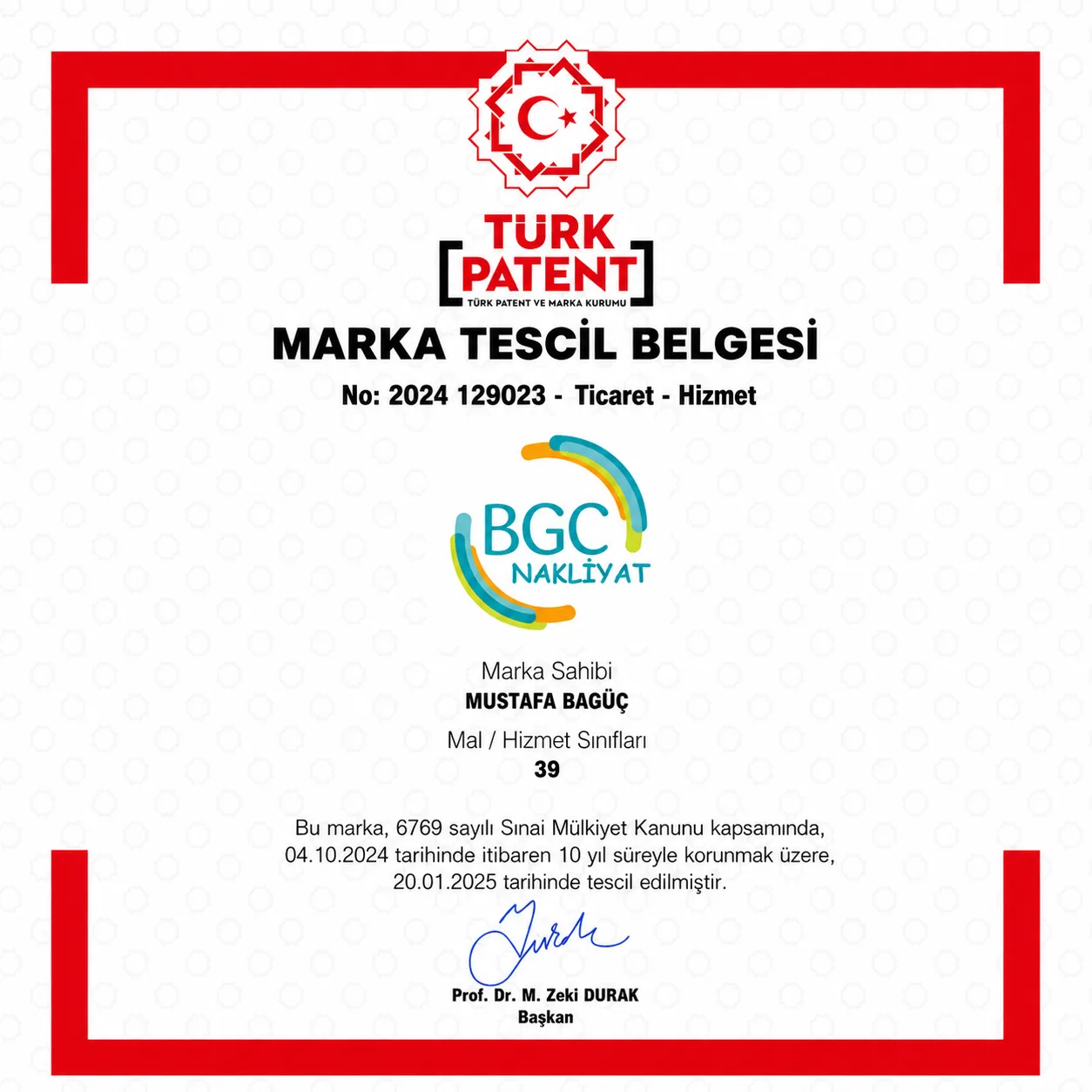 BGC Nakliyat resmi marka tescil belgesi ve tescilli marka sertifikası